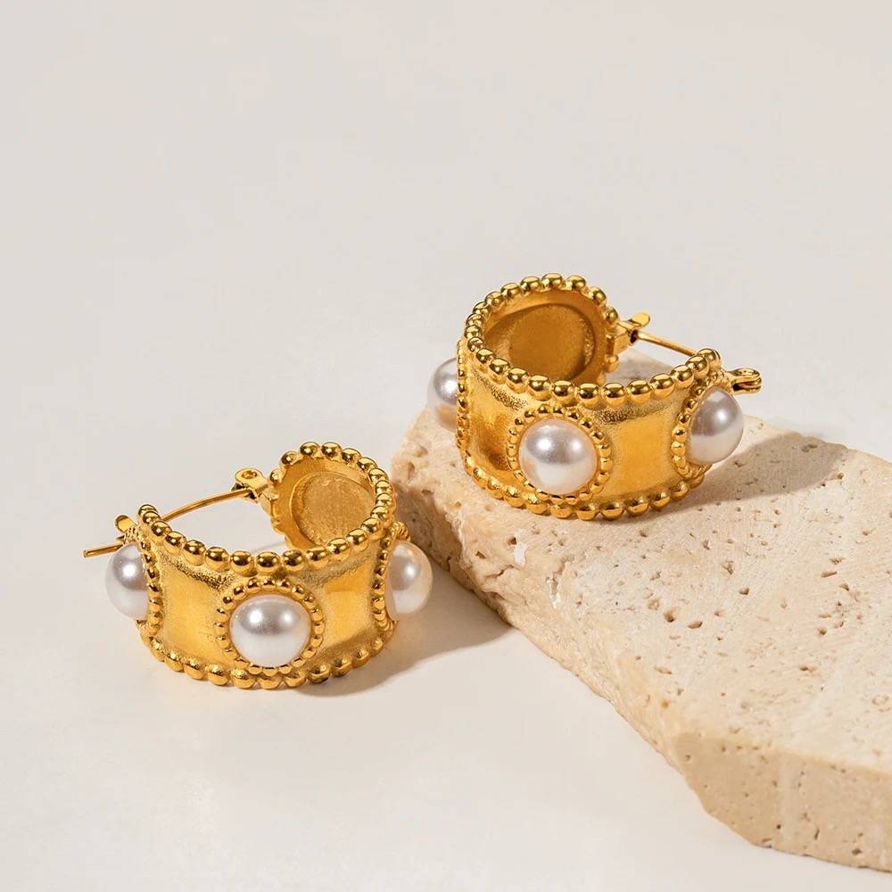 18Kt Gold Plated Matte Statement Pearl Hoop Earrings, Megha : INMEGHA