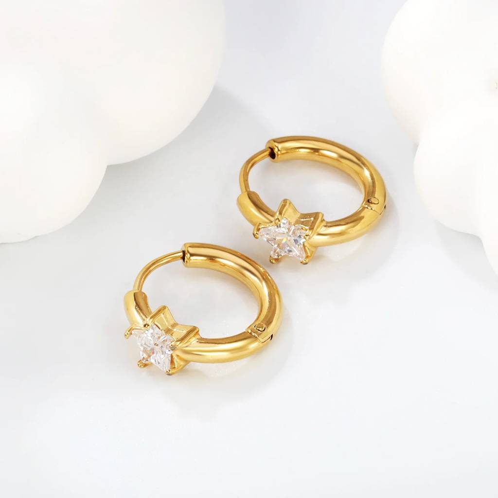 18Kt Gold Plated Demi Fine White Zircon Star Shaped Piercing Huggie Earrings, Alis : INALIS