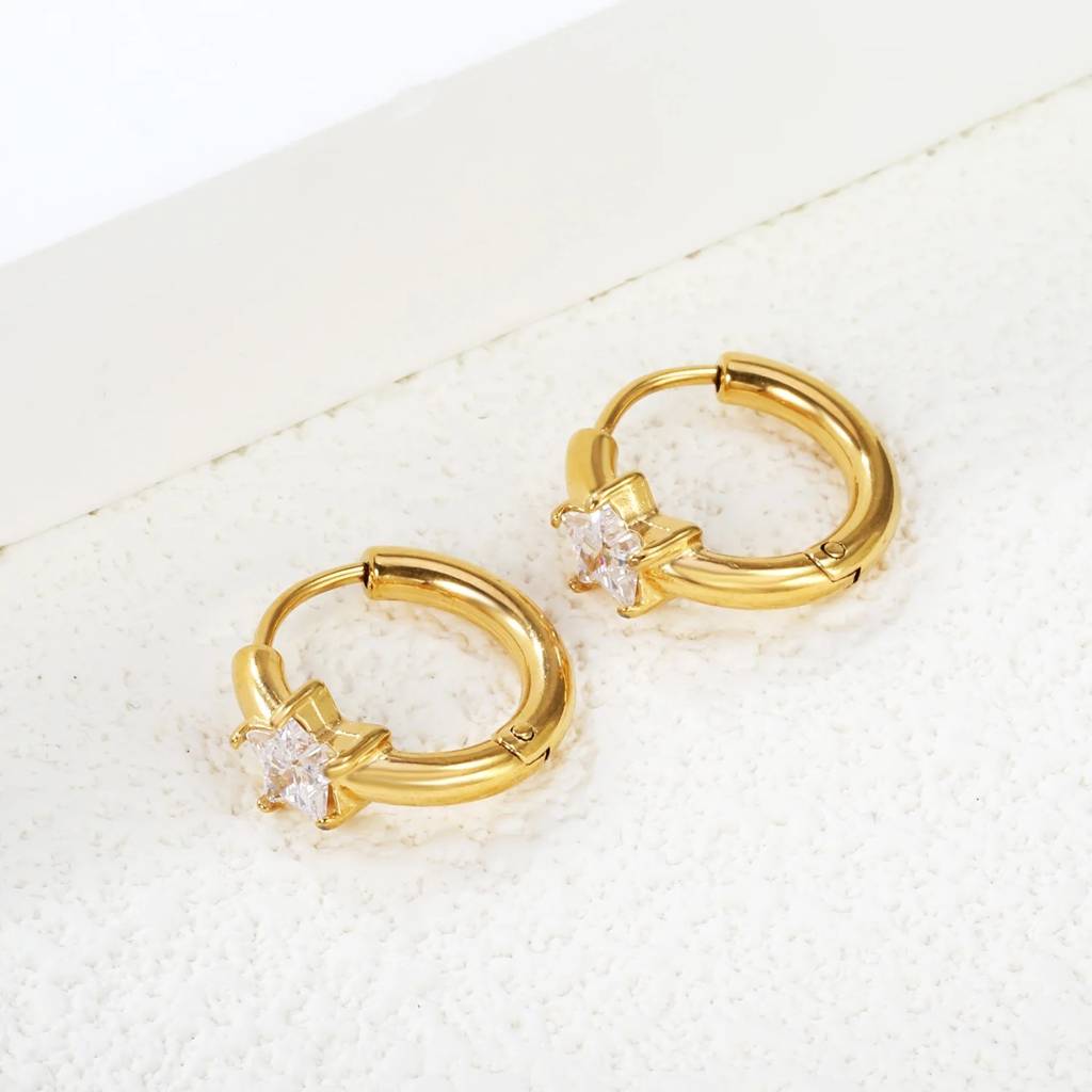 18Kt Gold Plated Demi Fine White Zircon Star Shaped Piercing Huggie Earrings, Alis : INALIS