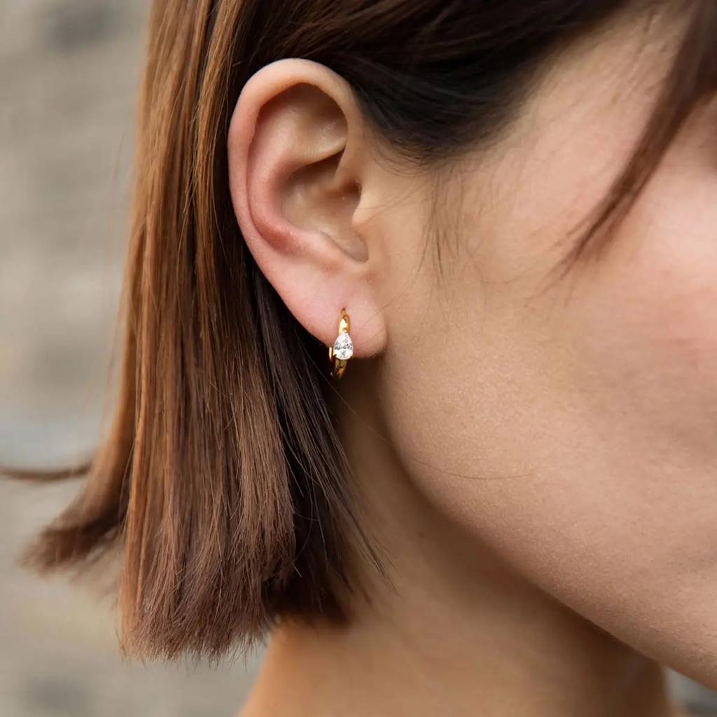 18Kt Gold Plated Demi Fine White Zircon Water Drop Piercing Huggie Earrings, Arya : INARYA