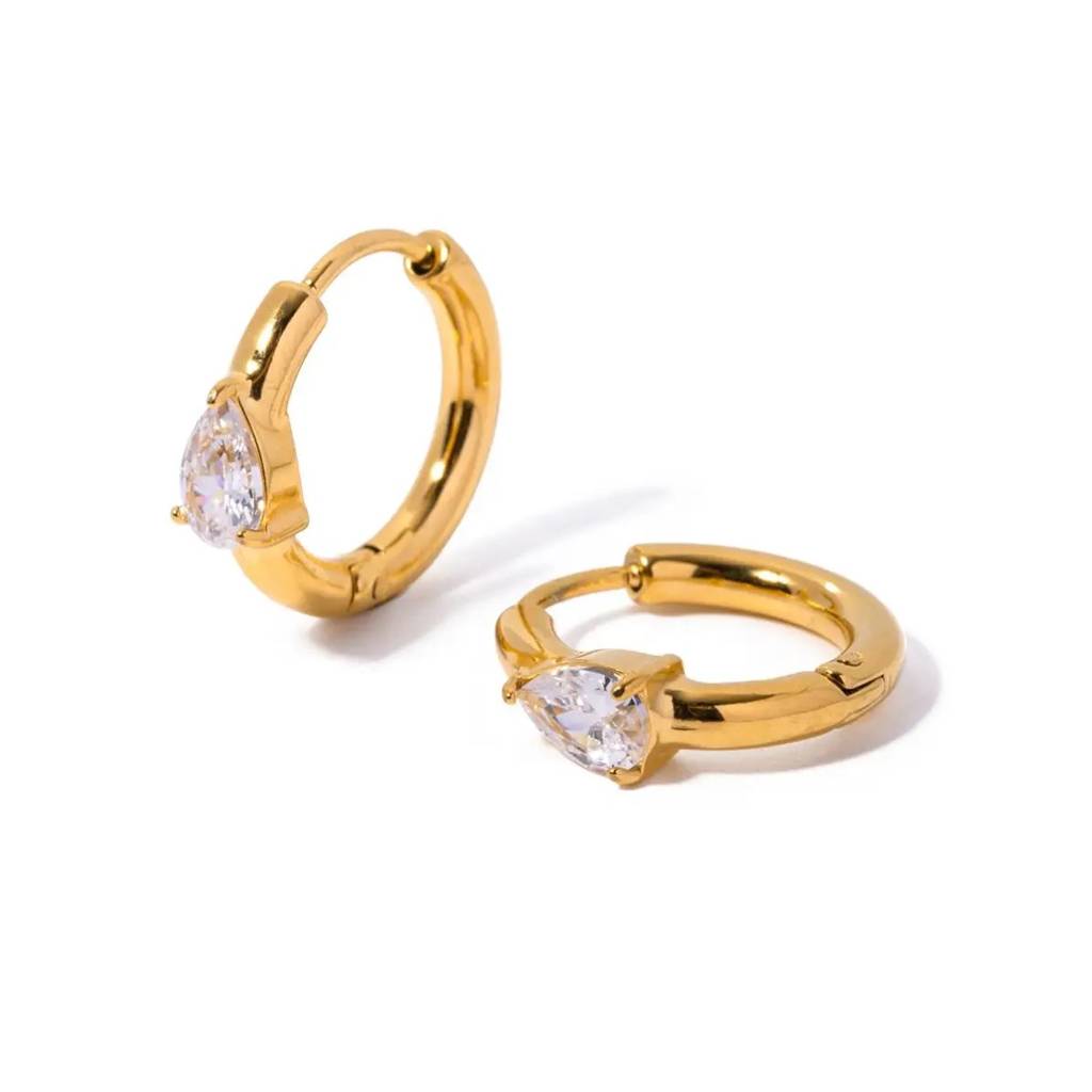 18Kt Gold Plated Demi Fine White Zircon Water Drop Piercing Huggie Earrings, Arya : INARYA