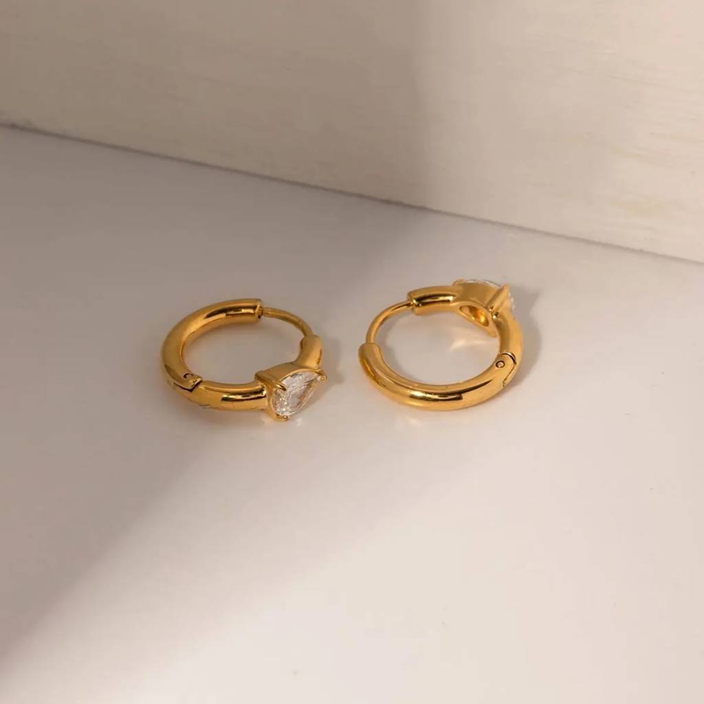 18Kt Gold Plated Demi Fine White Zircon Water Drop Piercing Huggie Earrings, Arya : INARYA