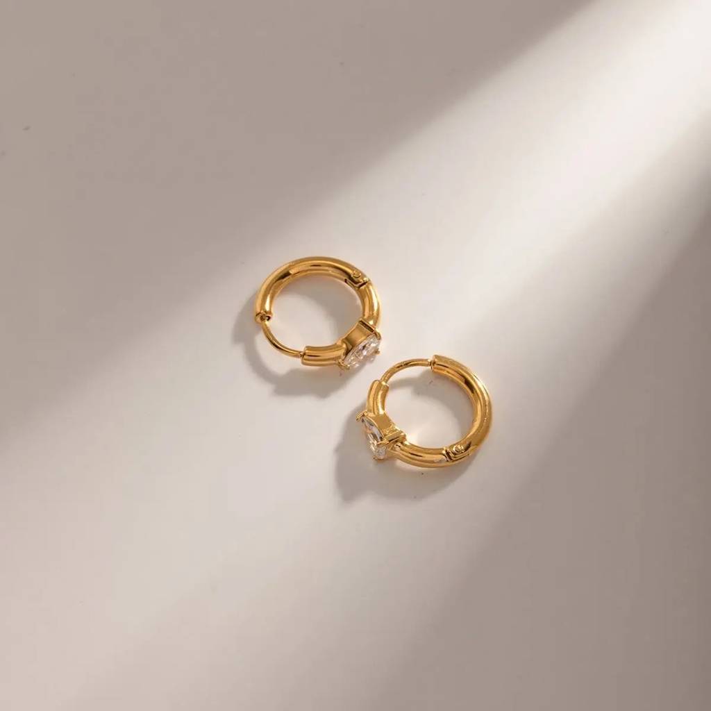 18Kt Gold Plated Demi Fine White Zircon Water Drop Piercing Huggie Earrings, Arya : INARYA
