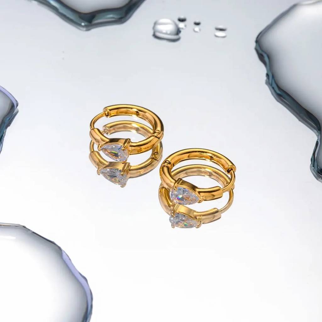 18Kt Gold Plated Demi Fine White Zircon Water Drop Piercing Huggie Earrings, Arya : INARYA