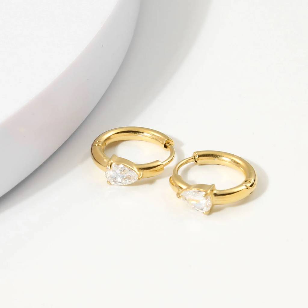 18Kt Gold Plated Demi Fine White Zircon Water Drop Piercing Huggie Earrings, Arya : INARYA