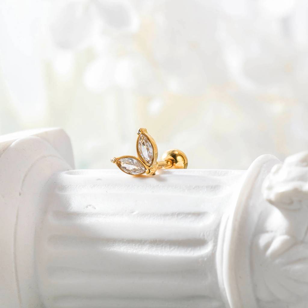 18Kt Gold Plated Demi Fine White Zircon Two Leaf Piercing Stud Earrings, Era : INERA