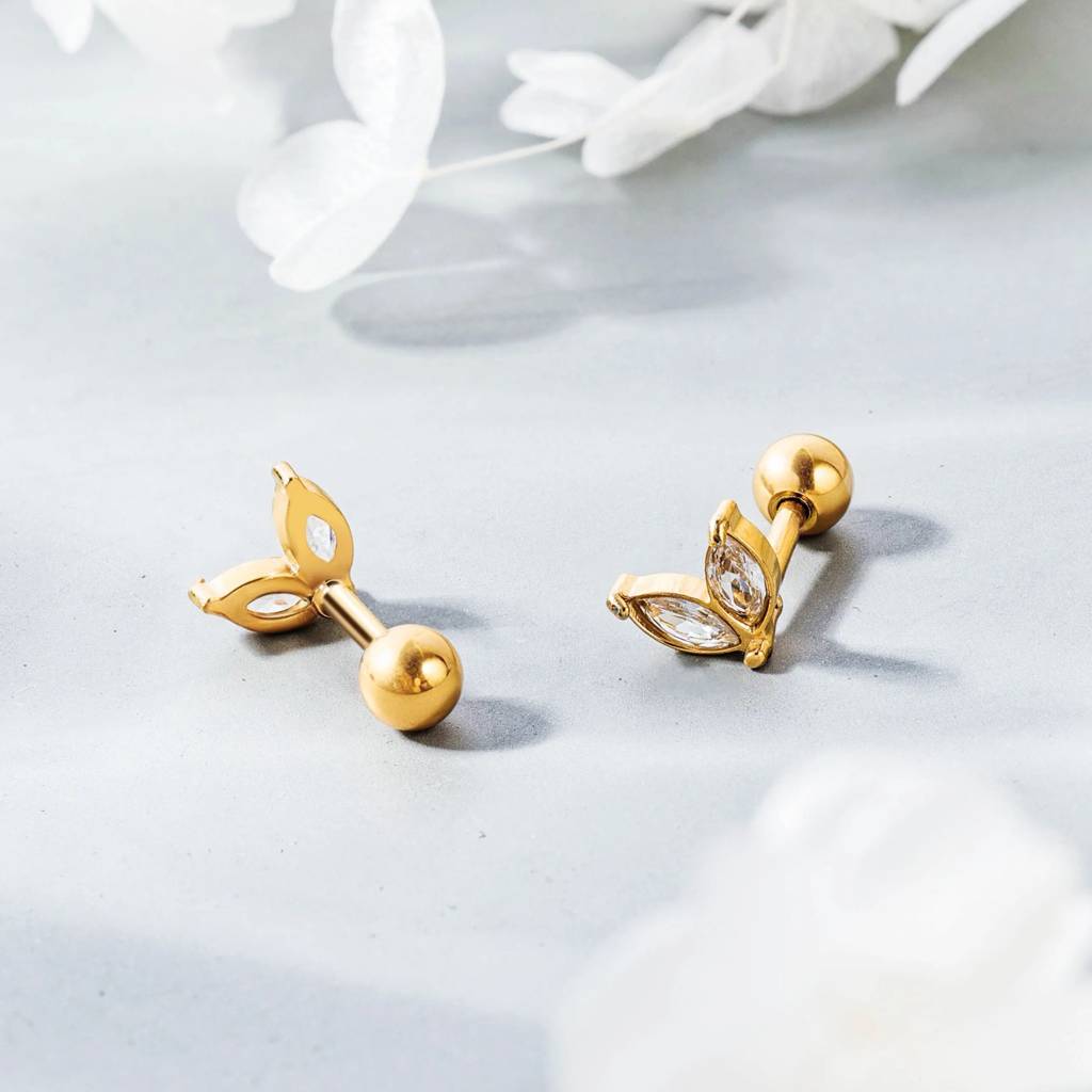 18Kt Gold Plated Demi Fine White Zircon Two Leaf Piercing Stud Earrings, Era : INERA