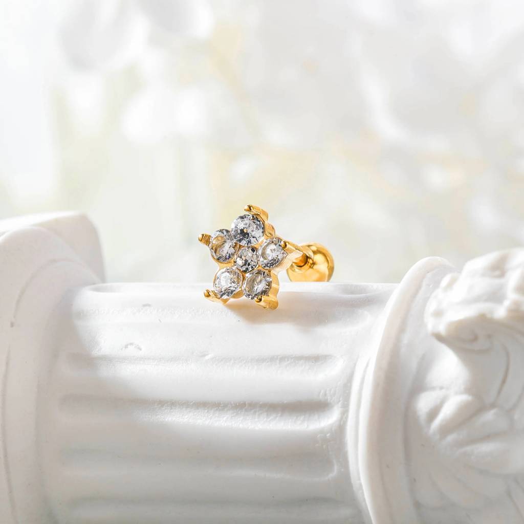 18Kt Gold Plated Demi Fine White Zircon Star Shaped Piercing Stud Earrings, Ace : INACE