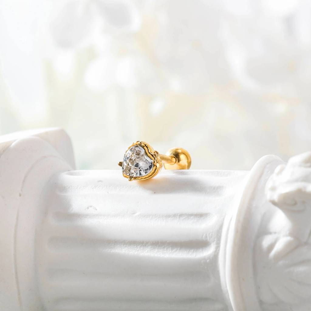 18Kt Gold Plated Demi Fine White Zircon Minimal Triangle Piercing Stud Earrings, Eve : INEVE