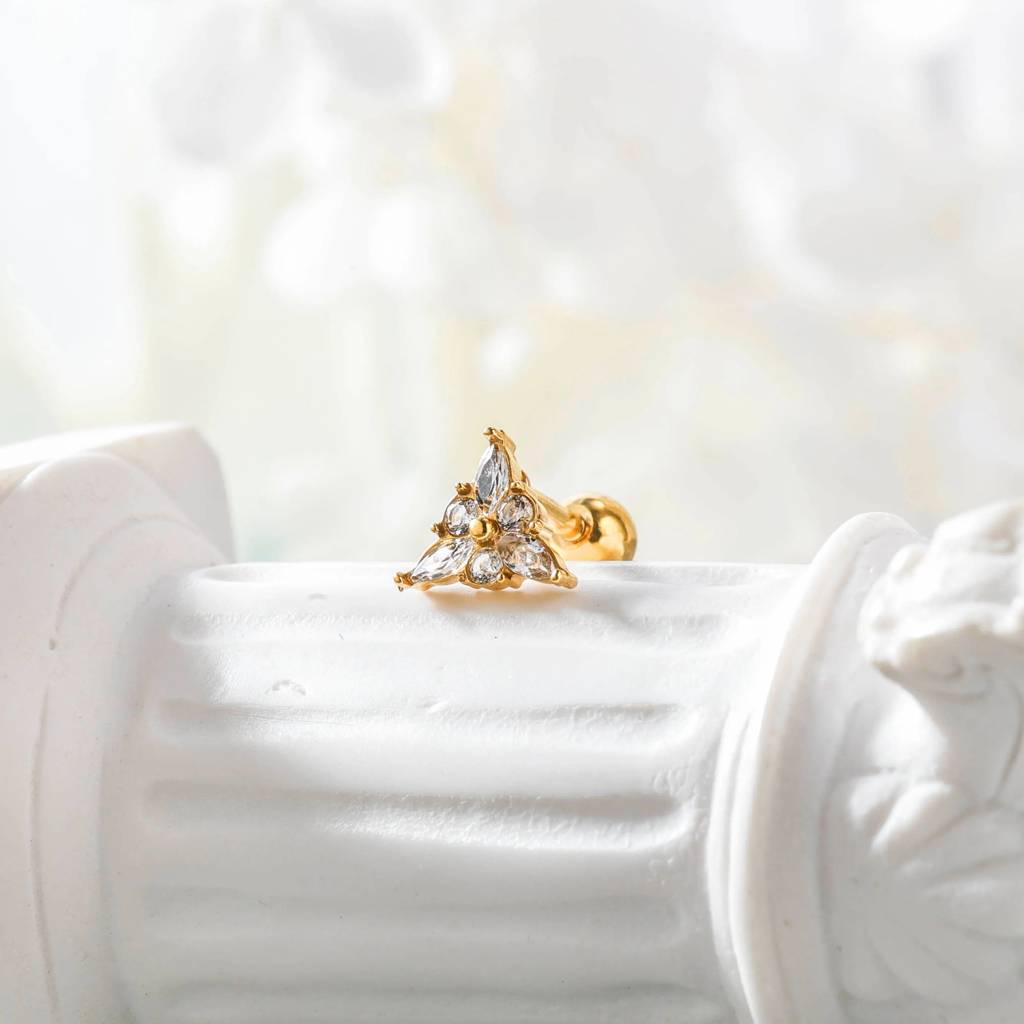 18Kt Gold Plated Demi Fine Tripple White Zircon Triangle Piercing Stud Earrings, Ava : INAVA