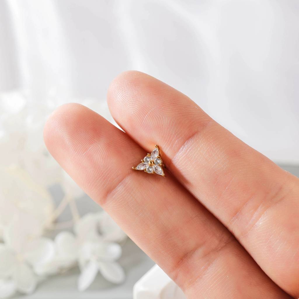 18Kt Gold Plated Demi Fine Tripple White Zircon Triangle Piercing Stud Earrings, Ava : INAVA