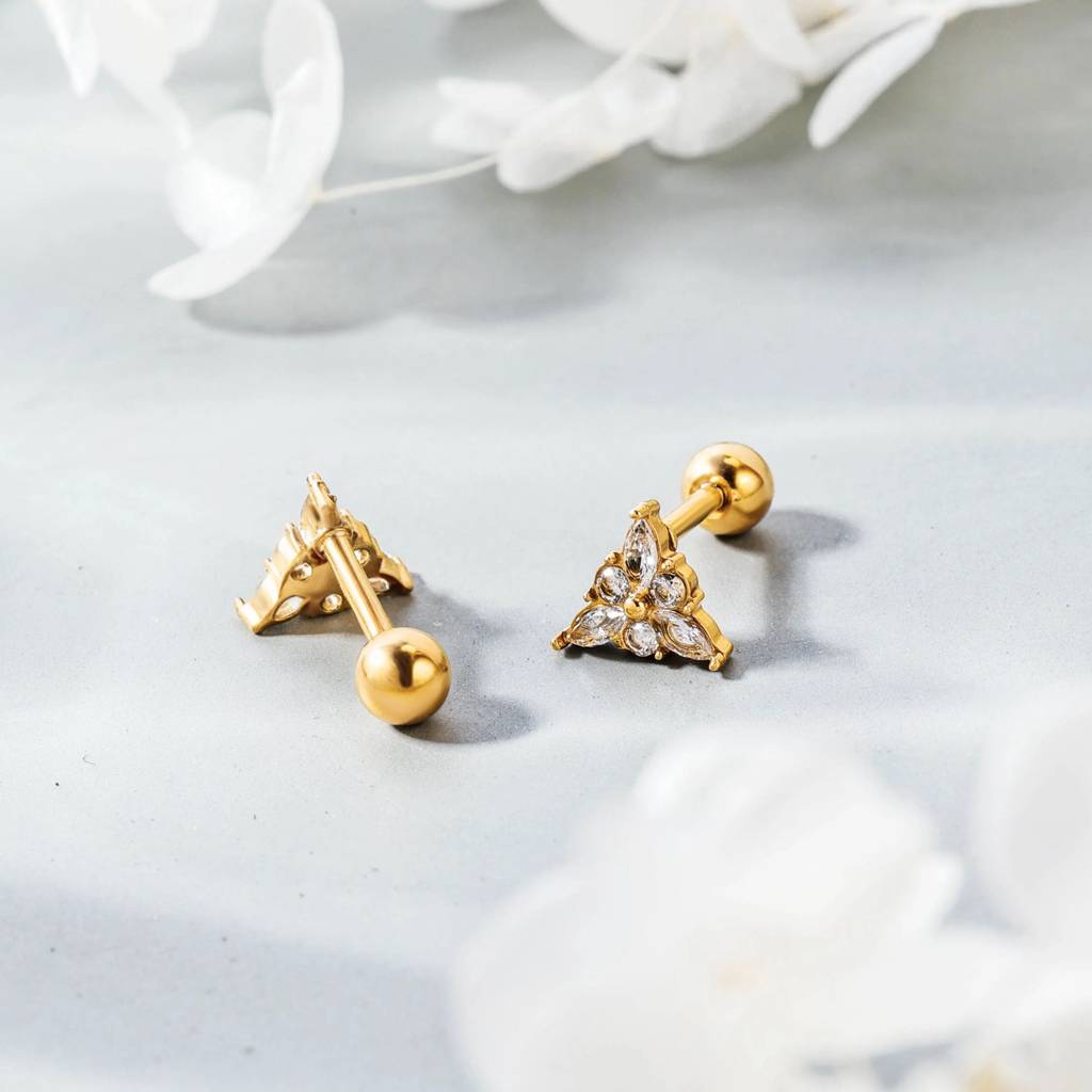 18Kt Gold Plated Demi Fine Tripple White Zircon Triangle Piercing Stud Earrings, Ava : INAVA