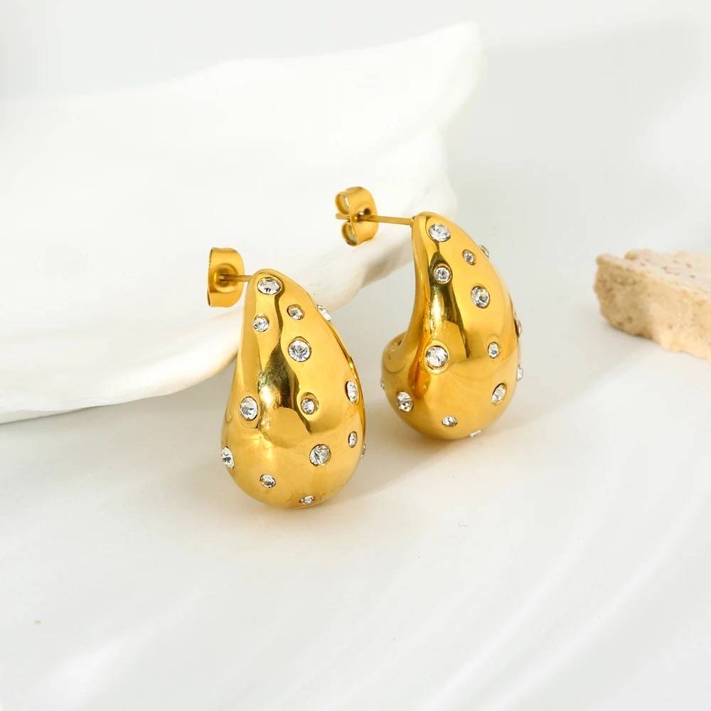 18Kt Gold Plated Cubic Zirconia Studded Teardrop Earrings, Atlas : INATLAS-G