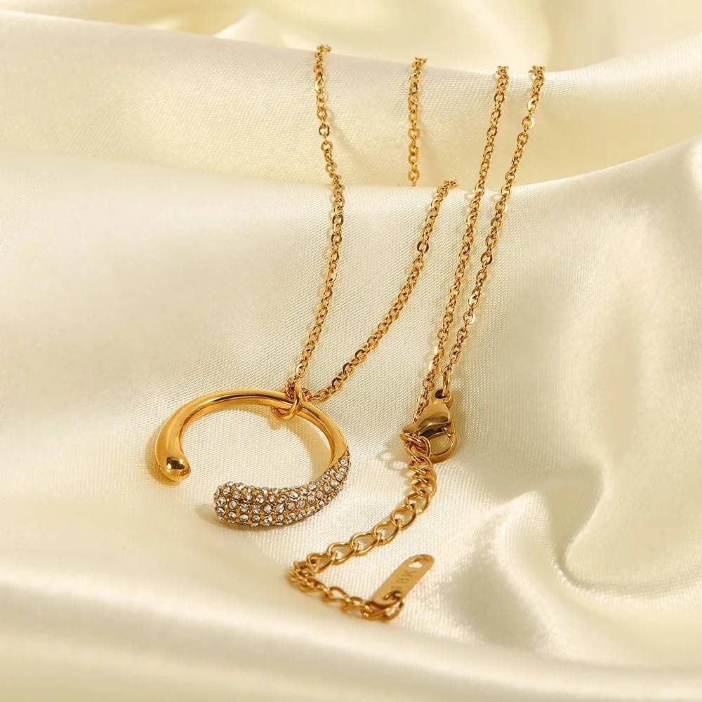 18Kt Gold Plated Cubic Zirconia Crescent Necklace, Celena : INCELENA
