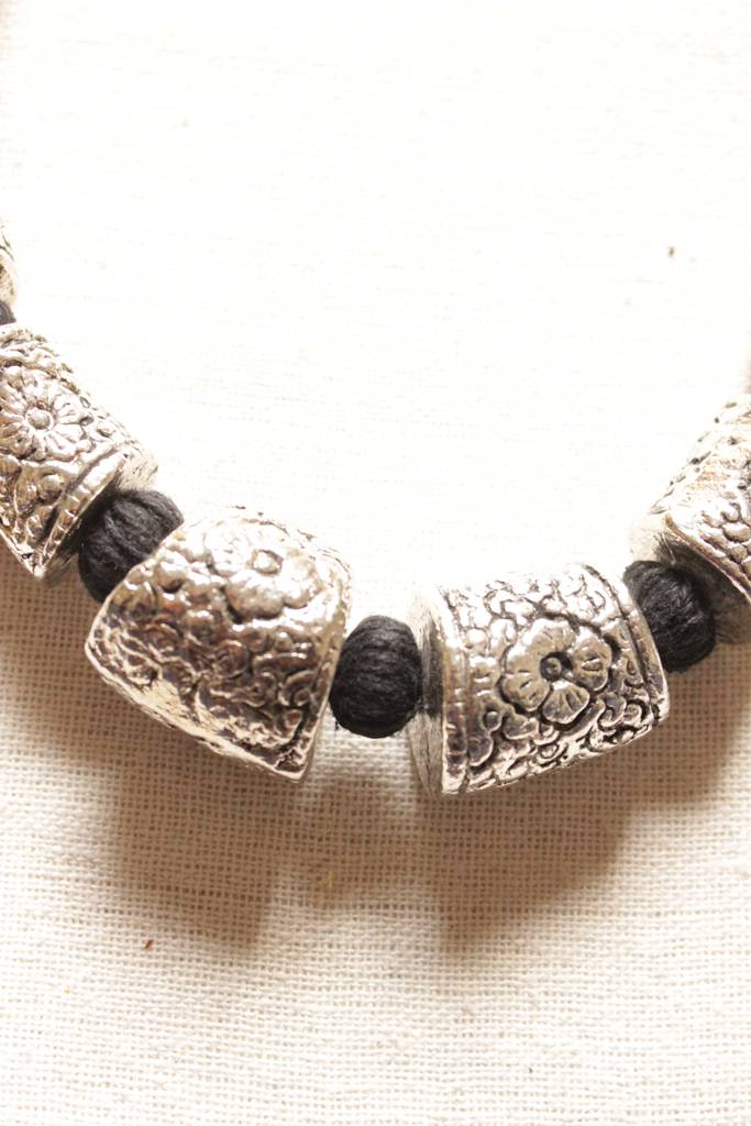 Intricately Detailed Metal Accents Braided With Black Fabric Threads Necklace Set : ALT-JEW-RGHSDR-19