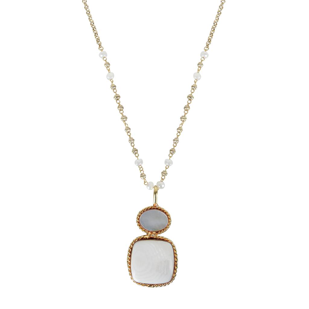 Ivory And Rose Quartz Dual-Pendant Necklace With Gold Beaded Chain : RMQJ0245