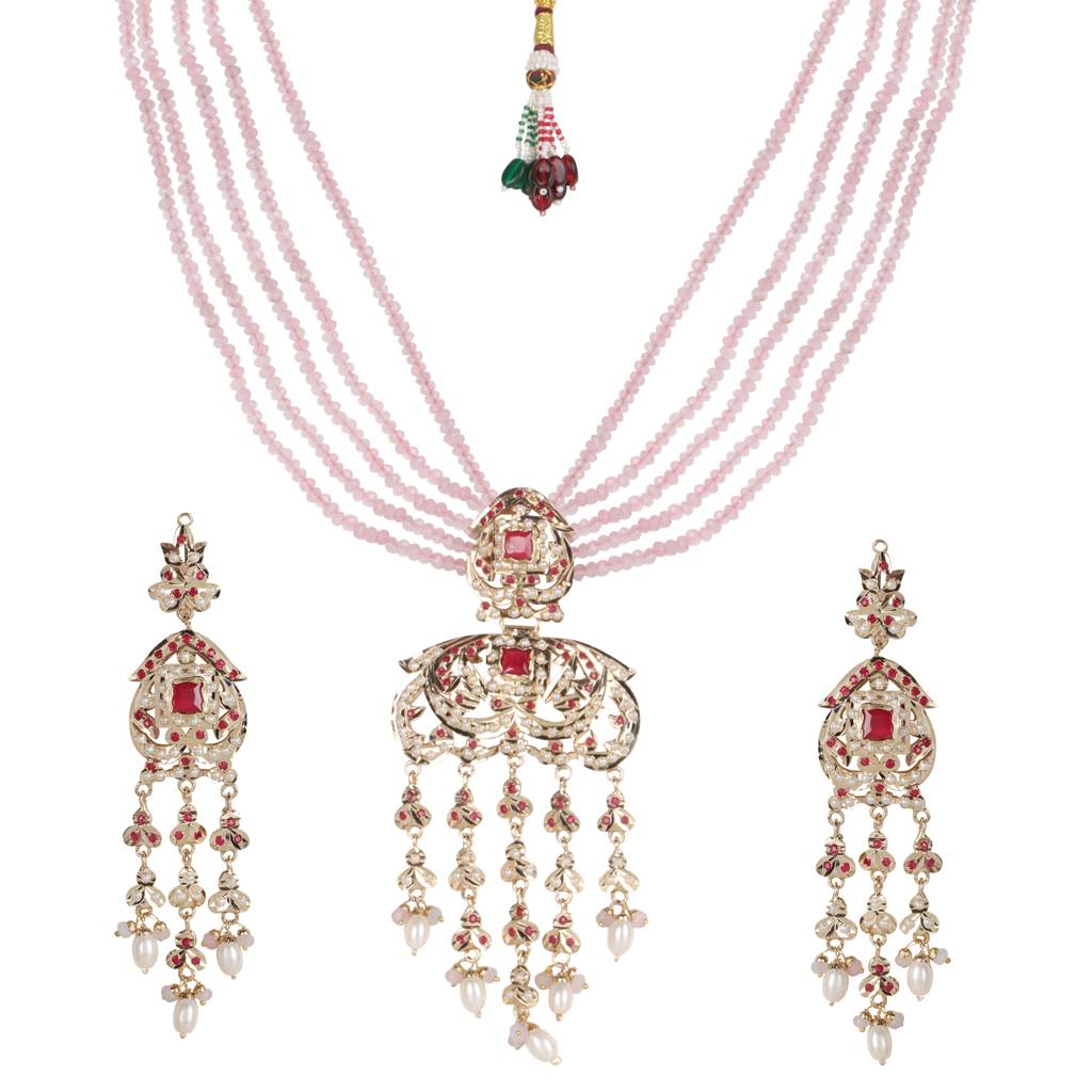 Royal Jadau Pink Jadau Necklace Set With Earrings : RMQJ0239