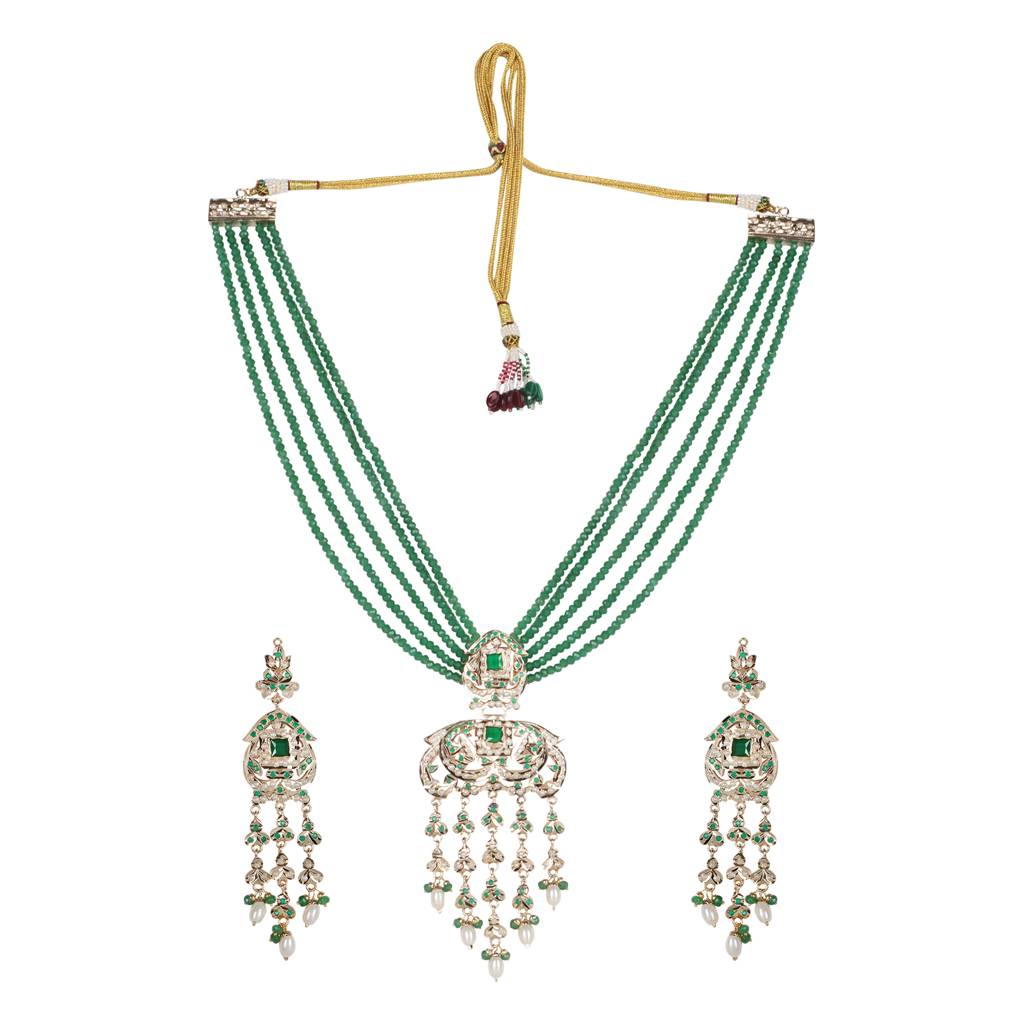 Heritage Jadau Necklace With Emerald Green Beads : RMQJ0240