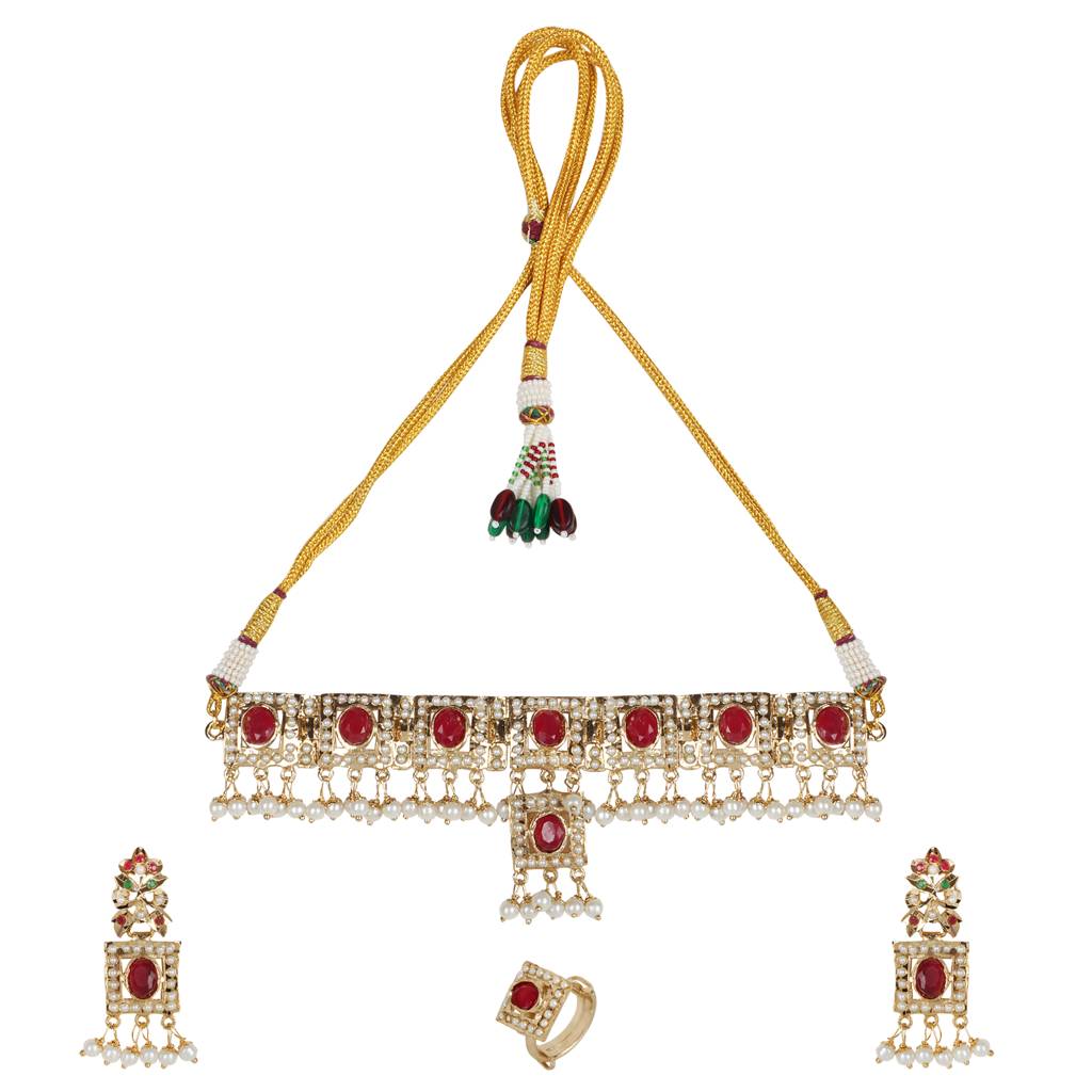 Royal Ruby And White Stone Choker Set With Earrings And Ring : RMQJ0238