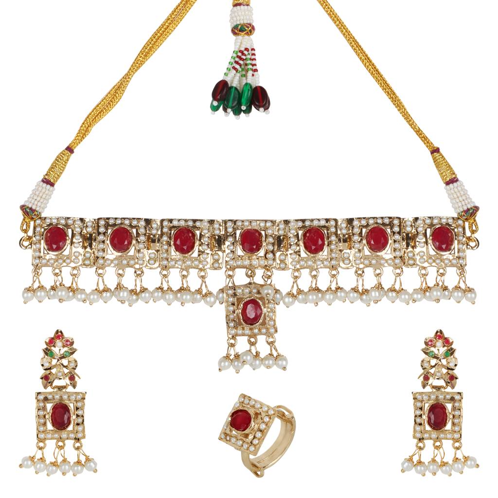 Royal Ruby And White Stone Choker Set With Earrings And Ring : RMQJ0238