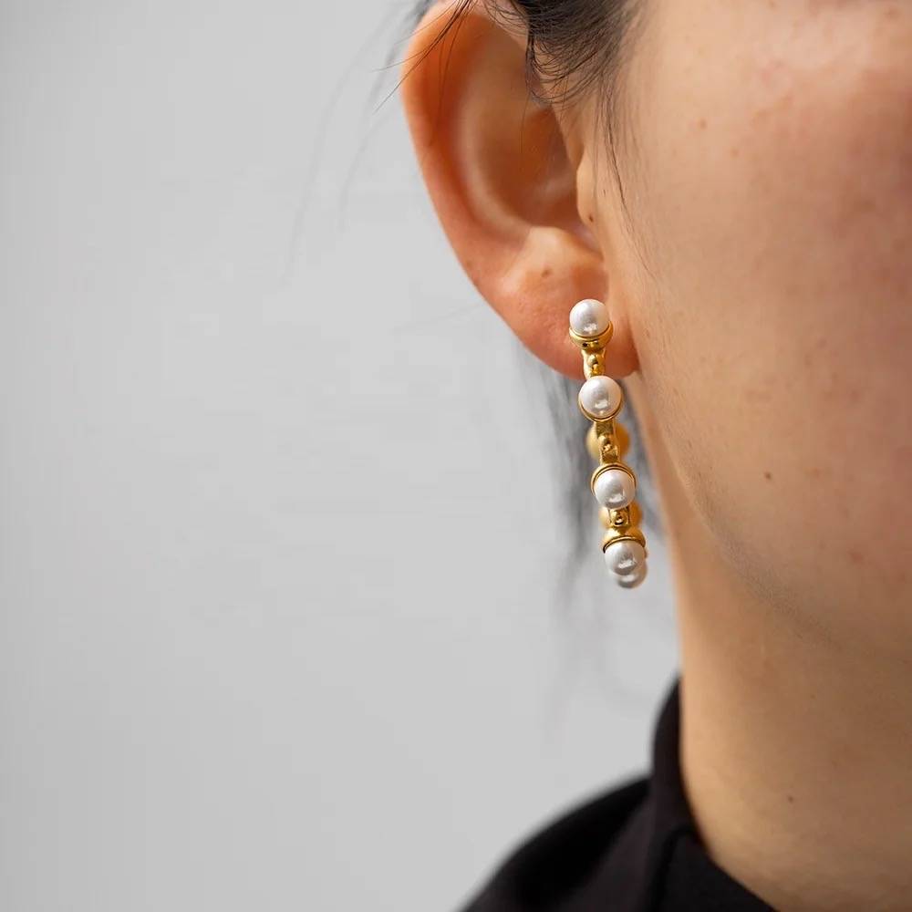 18Kt Gold Plated C Shaped Statement Pearl Hoop Earrings, Maeve : INMAEVE