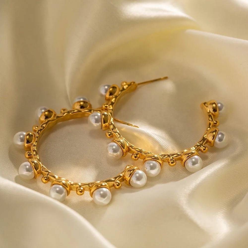 18Kt Gold Plated C Shaped Statement Pearl Hoop Earrings, Maeve : INMAEVE
