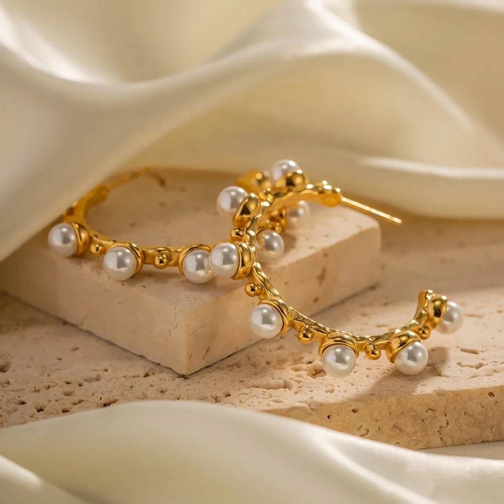 18Kt Gold Plated C Shaped Statement Pearl Hoop Earrings, Maeve : INMAEVE