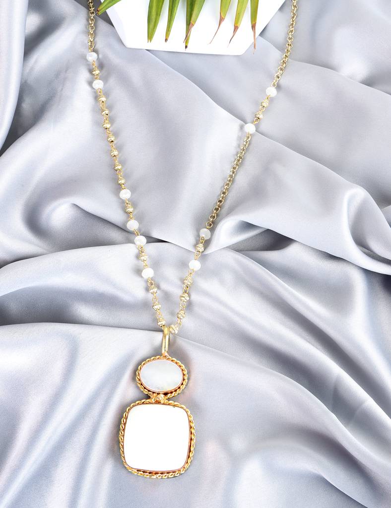 Ivory And Rose Quartz Dual-Pendant Necklace With Gold Beaded Chain : RMQJ0245