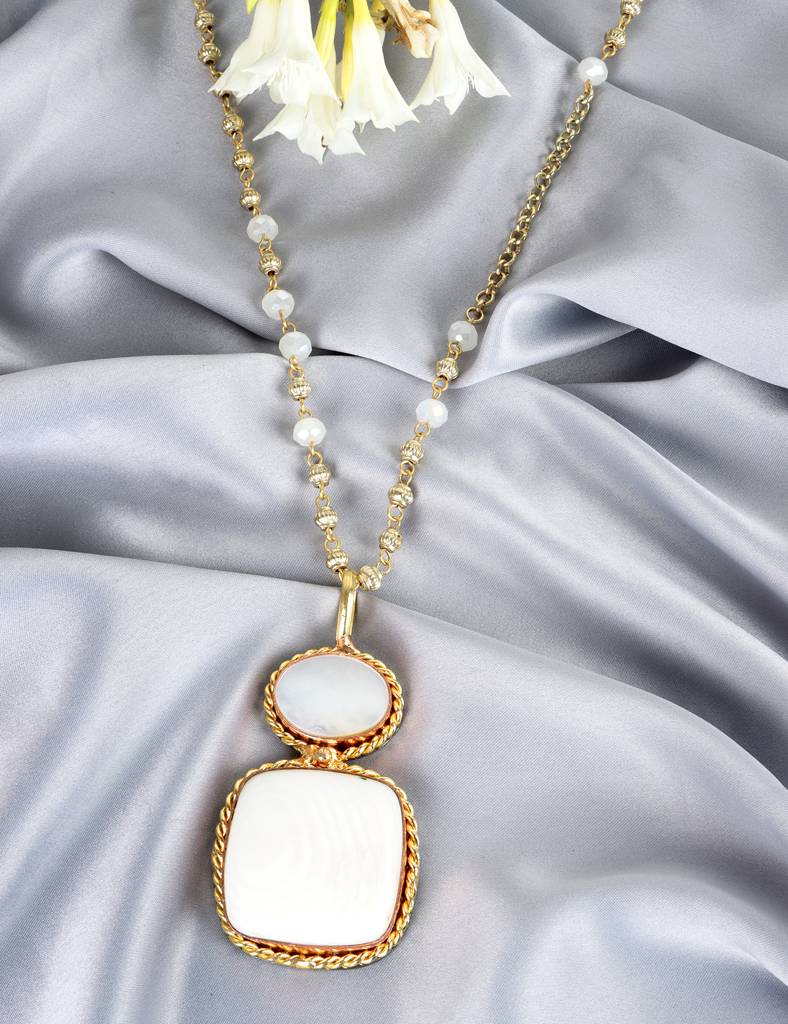 Ivory And Rose Quartz Dual-Pendant Necklace With Gold Beaded Chain : RMQJ0245