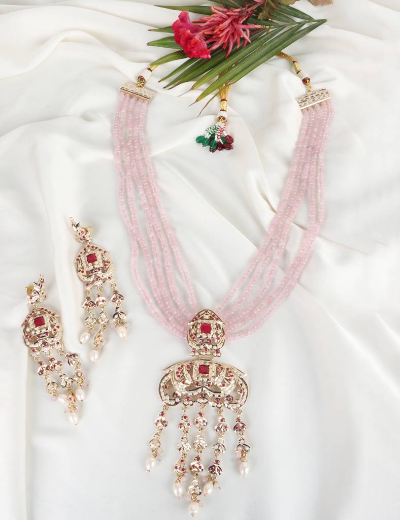 Royal Jadau Pink Jadau Necklace Set With Earrings : RMQJ0239