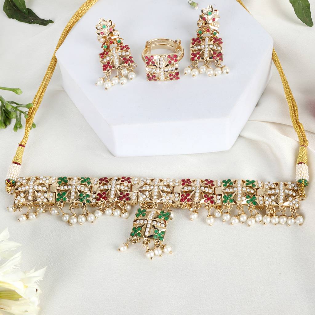 Multicolor Pearl-Studded Choker Set With Earrings & Adjustable Ring : RMQJ0246