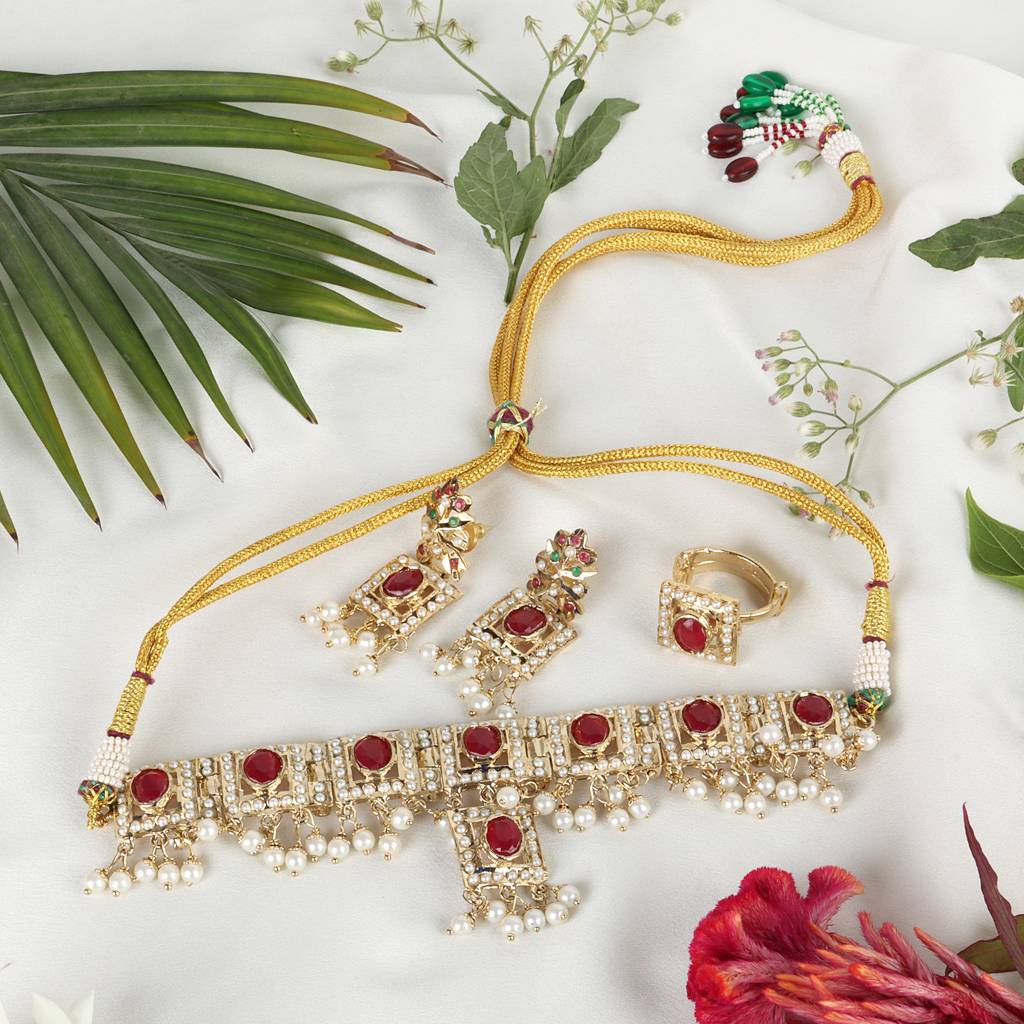 Royal Ruby And White Stone Choker Set With Earrings And Ring : RMQJ0238