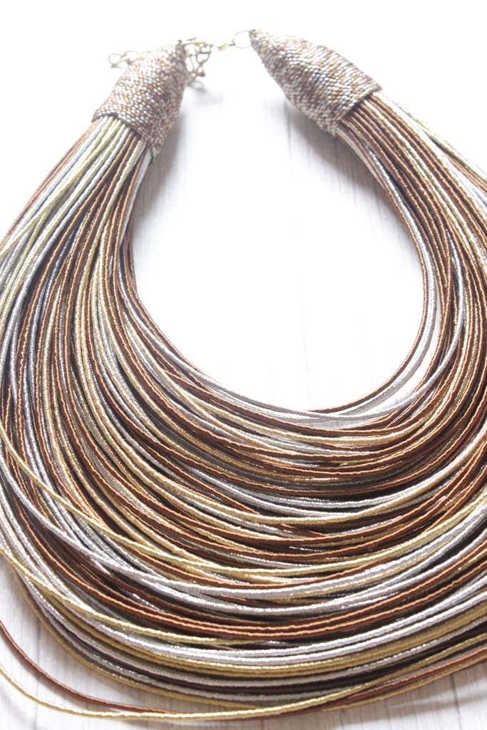 Grey & Brown Handmade Silk Threads Multi-Layer Statement African Choker Necklace : ALT-JEW-RWT-86
