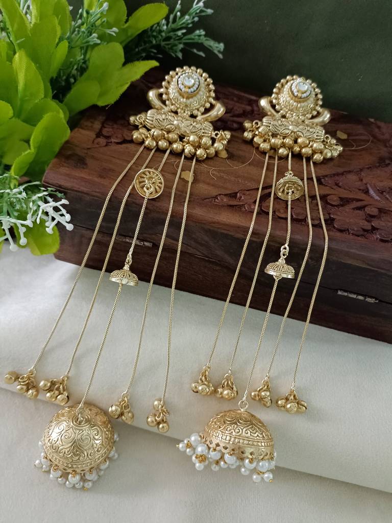 Gold-Plated Kashmiri Long Jhumka Earrings With Pearl & Ghungroo Chains : VS105379