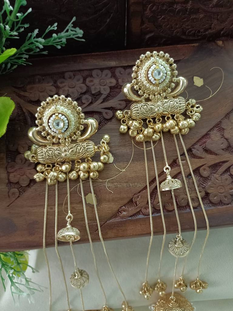 Gold-Plated Kashmiri Long Jhumka Earrings With Pearl & Ghungroo Chains : VS105379