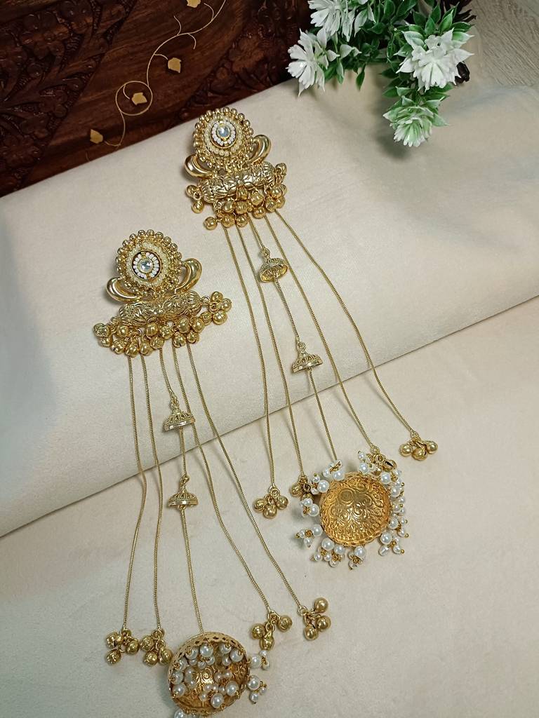 Gold-Plated Kashmiri Long Jhumka Earrings With Pearl & Ghungroo Chains : VS105379