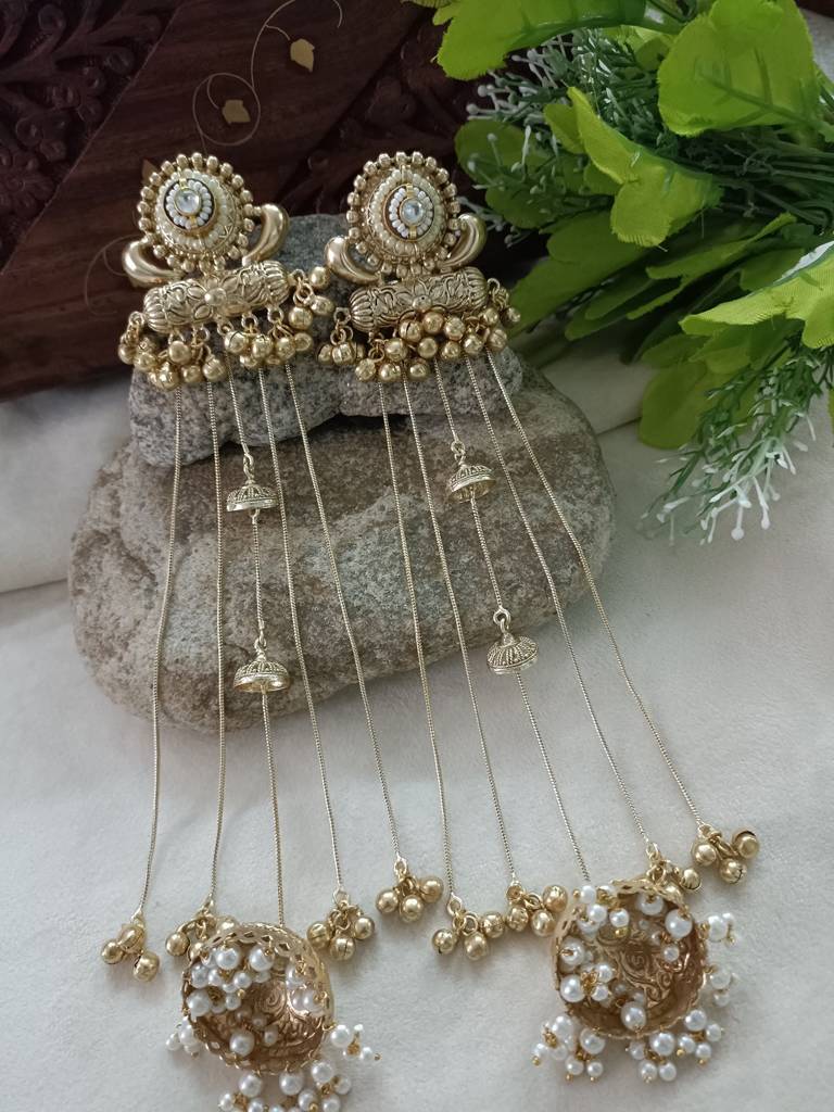 Gold-Plated Kashmiri Long Jhumka Earrings With Pearl & Ghungroo Chains : VS105379