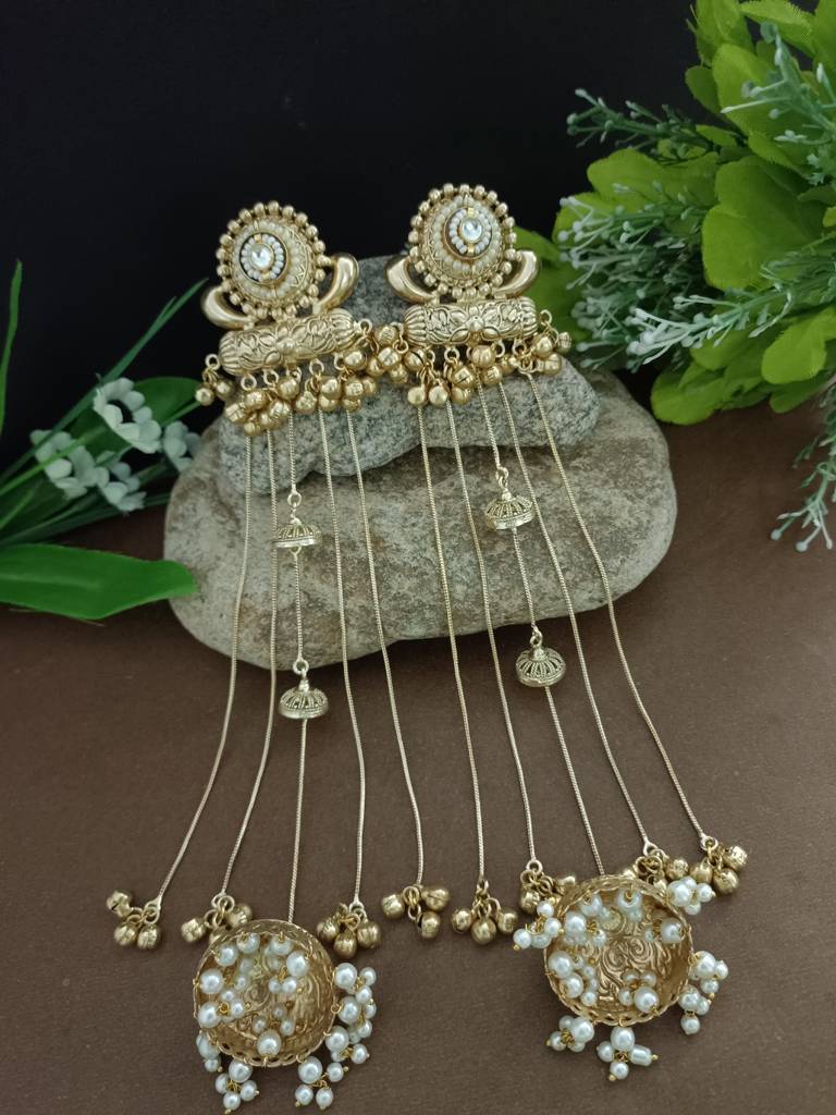 Gold-Plated Kashmiri Long Jhumka Earrings With Pearl & Ghungroo Chains : VS105379