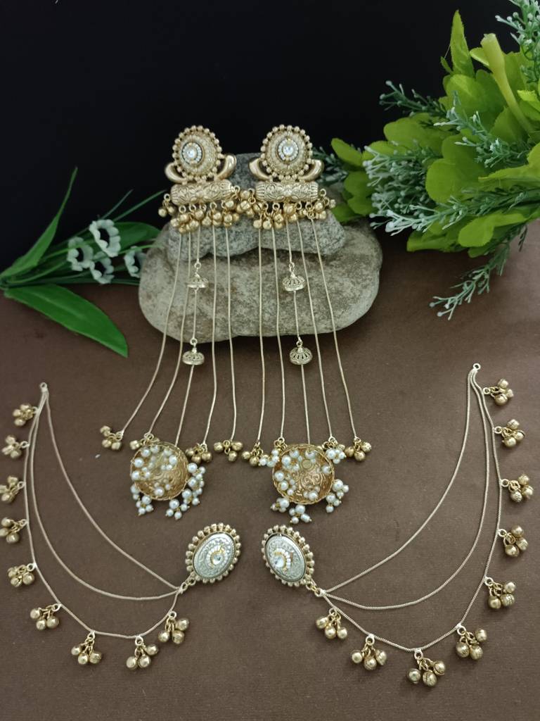Gold-Plated Kashmiri Long Jhumka Earrings With Matching Ear Chains : VS105381