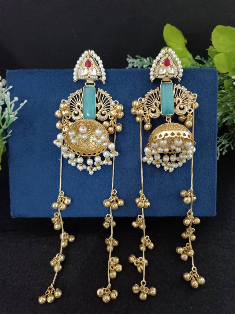 Gold Plated Kashmiri Long Jhumka Earrings With Pearl & Ghungroo Chains : VS105391