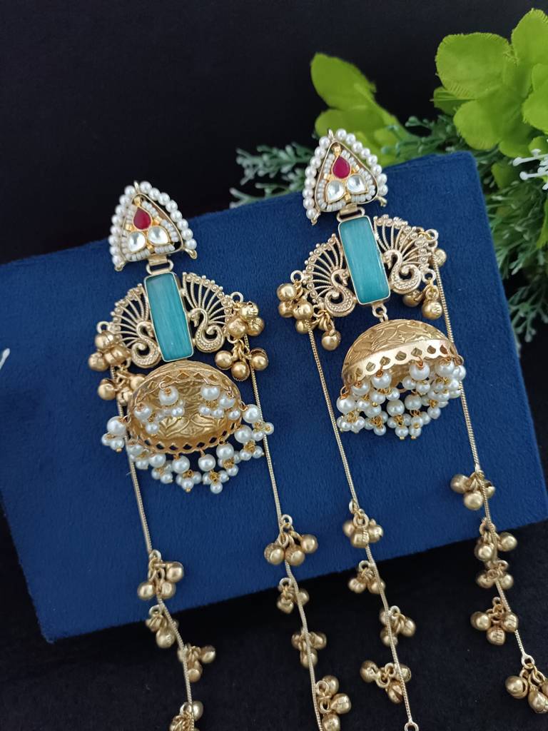 Gold Plated Kashmiri Long Jhumka Earrings With Pearl & Ghungroo Chains : VS105391