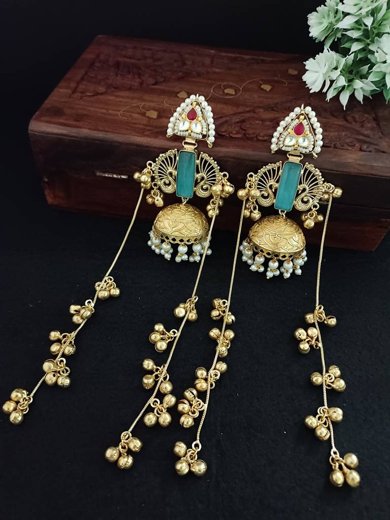 Gold Plated Kashmiri Long Jhumka Earrings With Pearl & Ghungroo Chains : VS105391