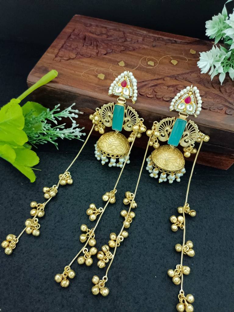 Gold Plated Kashmiri Long Jhumka Earrings With Pearl & Ghungroo Chains : VS105391