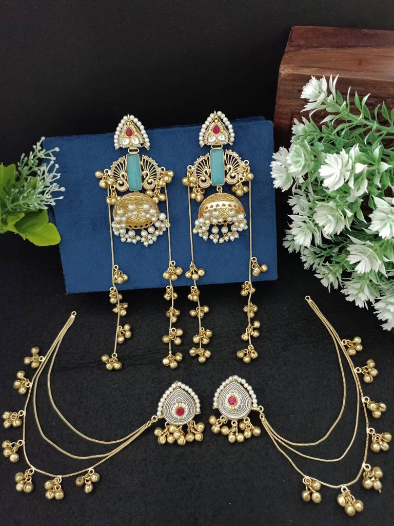 Gold Plated Kashmiri Long Jhumka Earrings With Matching Ear Chains : VS105393