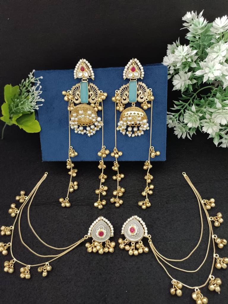 Gold Plated Kashmiri Long Jhumka Earrings With Matching Ear Chains : VS105393