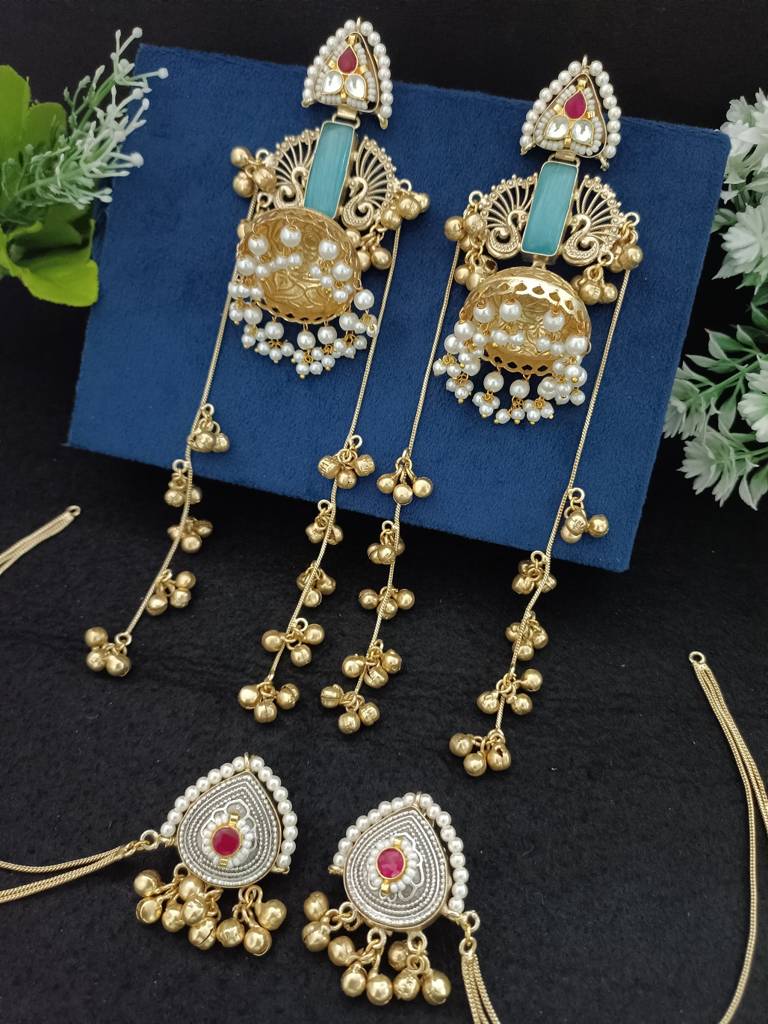 Gold Plated Kashmiri Long Jhumka Earrings With Matching Ear Chains : VS105393