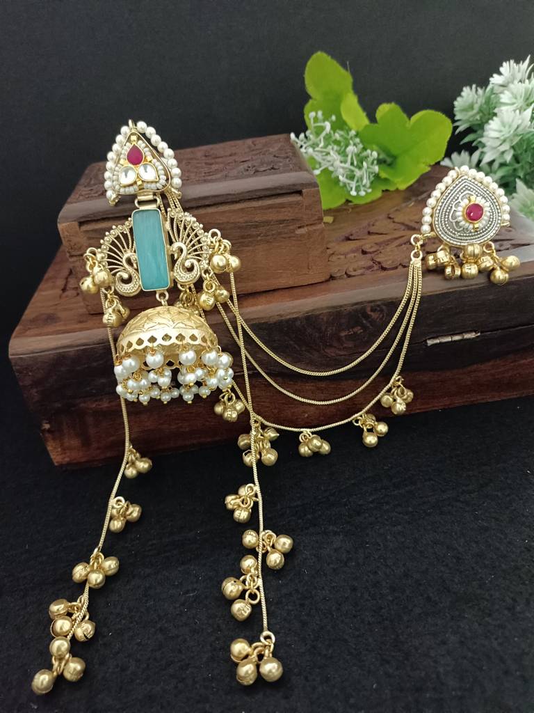 Gold Plated Kashmiri Long Jhumka Earrings With Matching Ear Chains : VS105393
