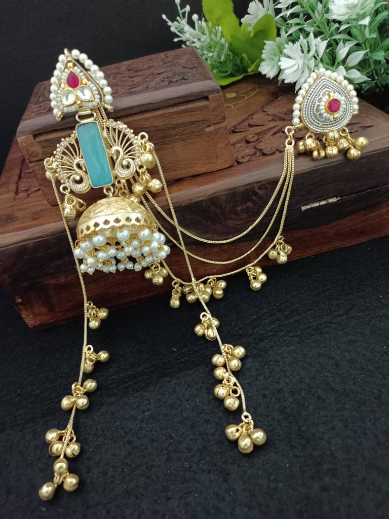 Gold Plated Kashmiri Long Jhumka Earrings With Matching Ear Chains : VS105393