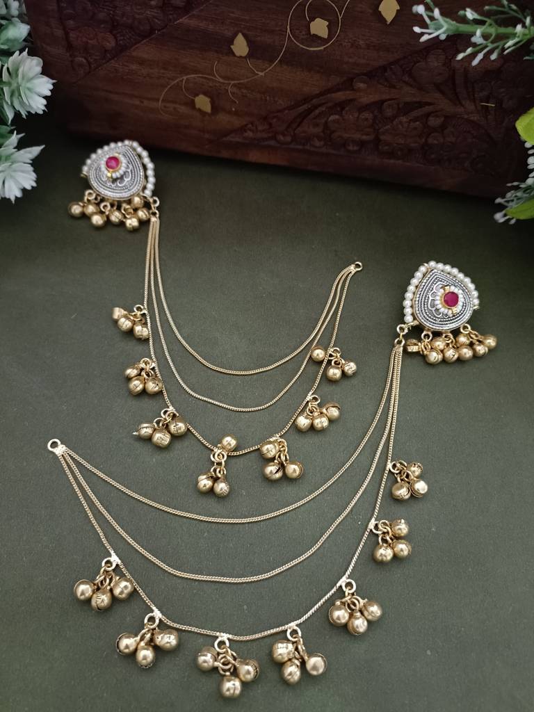 Gold-Plated Kashmiri Ear Chains With Multilayer Ghungroo Drops : VS105392