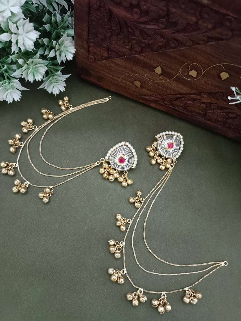 Gold-Plated Kashmiri Ear Chains With Multilayer Ghungroo Drops : VS105392